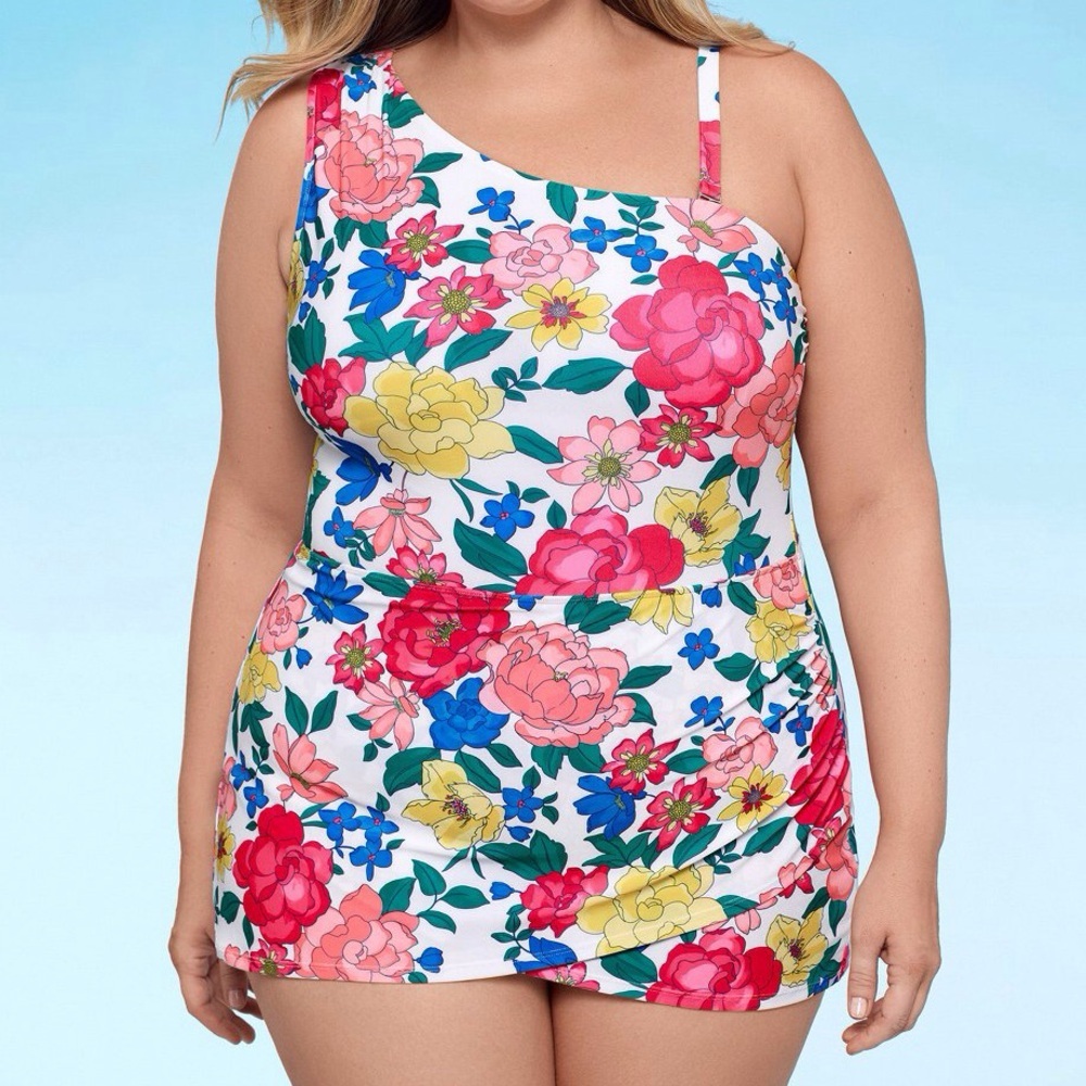 Liz Claiborne 22W Floral Tummy Control Full Coverage One Shoulder Swim Dress NWT
